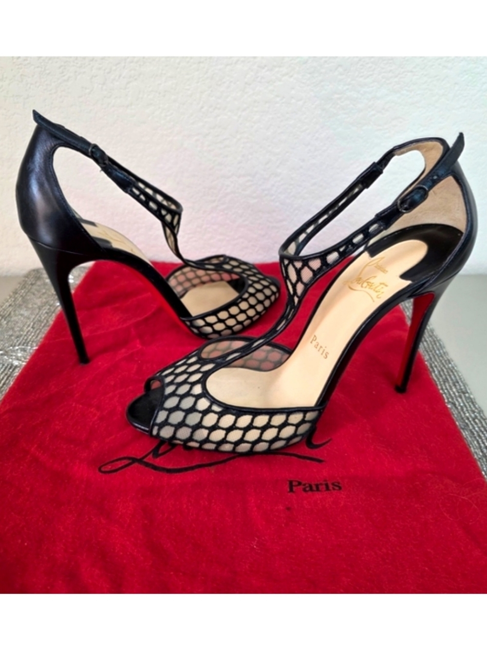 Christian Louboutin Black Leather Sheer Mesh Peep-Toe Heels EU 38 / US 8 - Picture 2 of 13